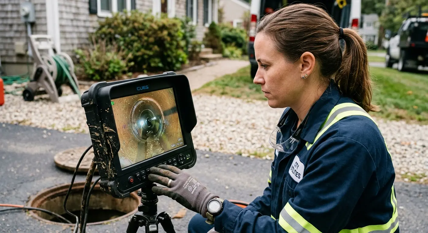 Technician reviewing sewer camera inspection footage in Pingree Grove