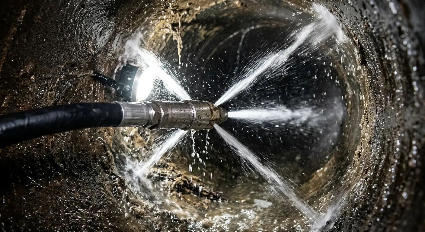 High-pressure hydro jetting nozzle cleaning sewer pipe for Trenchless Sewer Repair in Pingree Grove