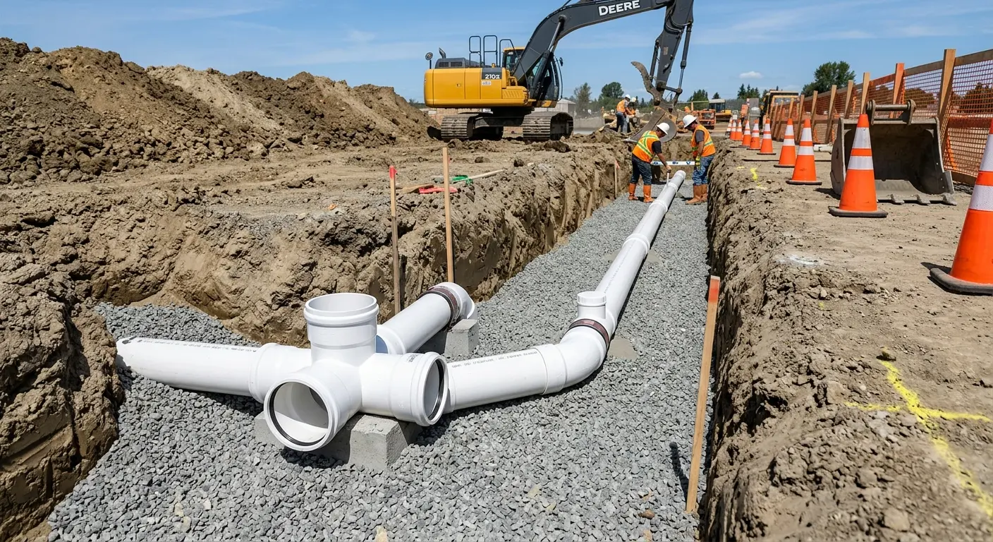 New PVC sewer pipe installation in open trench for Commercial Drain Cleaning in Pingree Grove