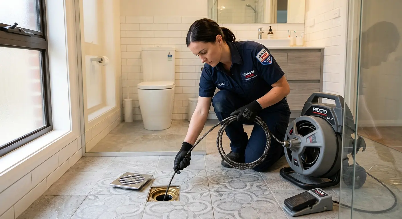 Technician clearing a bathroom floor drain for Drain Repair in Pingree Grove